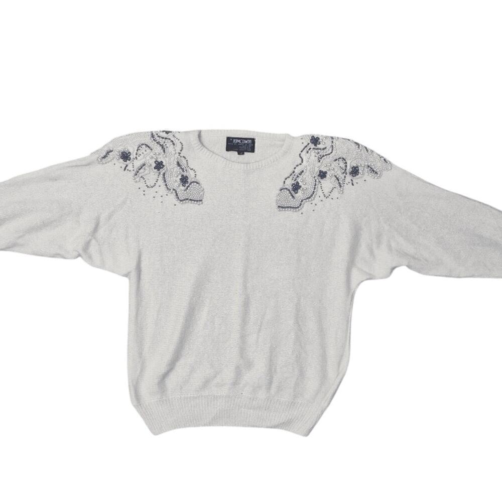 VTG 80s Newcomer Beaded Shoulder Off White Sweater Sz L